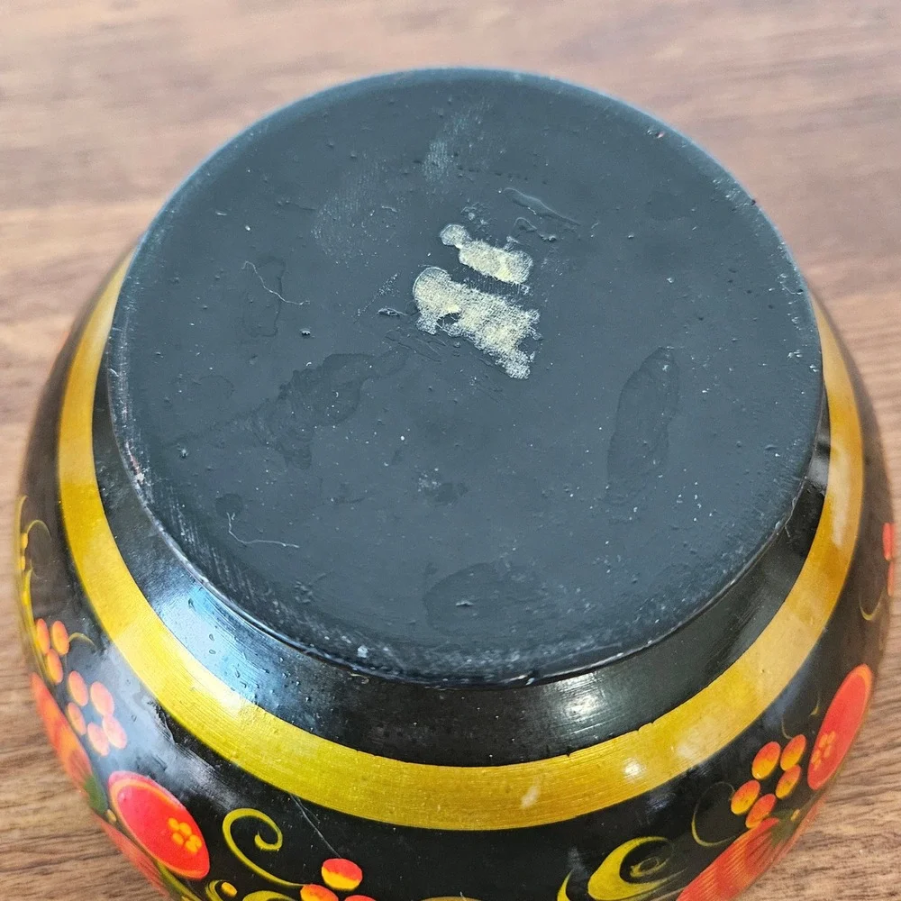 Vintage Russian Khokhloma Hand Painted Wooden Bowl Strawberry Floral Black Gold